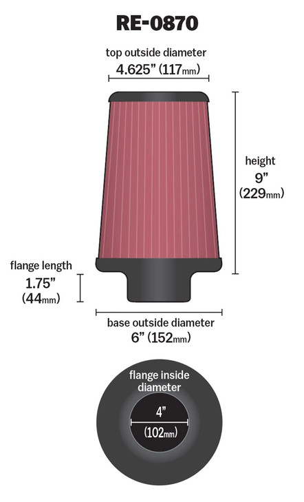K&N High-Flow Original Lifetime Universal Clamp-On Air Filter: High Performance, Premium, Washable: Flange Diameter: 4 In, Filter Height: 9 In, Flang