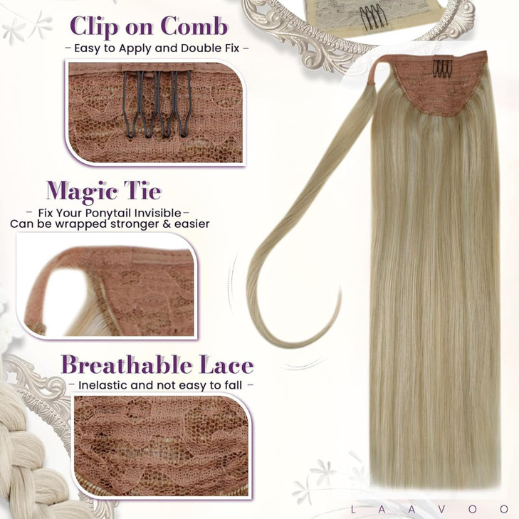 LaaVoo Ponytail Extension Human Hair Blonde Ponytail Hair Extensions uman Hair Gloden Brown Highlights Light Blonde Ponytail Extensions Short Straigh