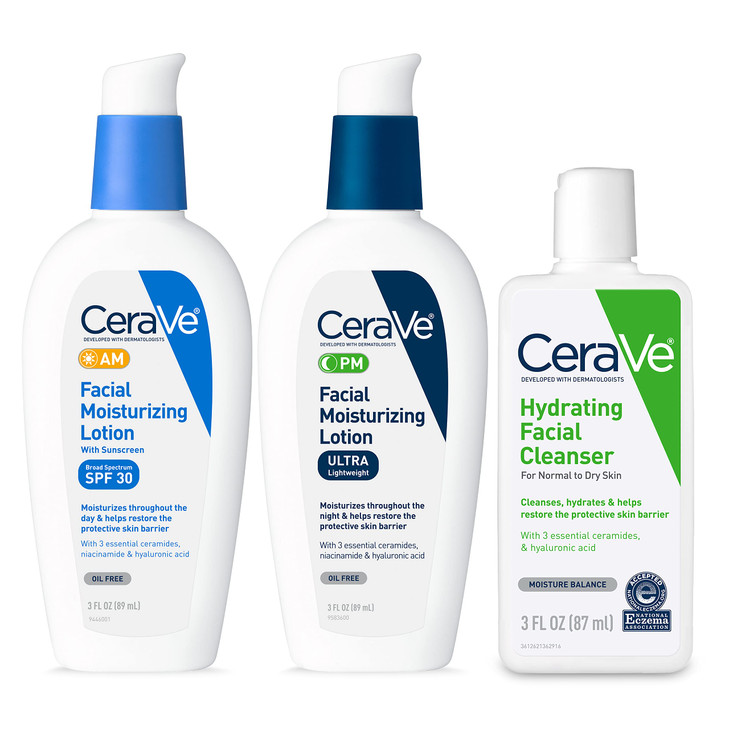 CeraVe AM Face Moisturizer with SPF, PM Face Moisturizer & Hydrating Face Wash Skin Care Routine for Morning & Night | Travel Size Toiletries | 3oz L