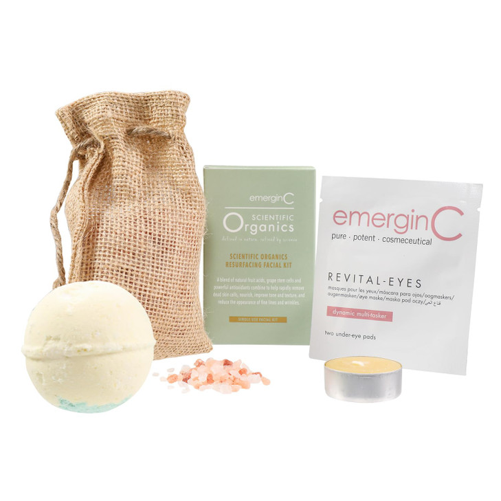 emerginC At-Home Luxury Spa Kit, Scientific Organics - 5-Piece Skincare + Self Care Set - Resurfacing Facial Kit, Revital-Eyes Mask, Essential Oil Ba