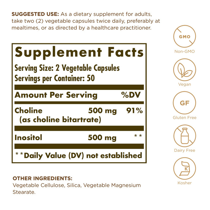 Solgar Choline/Inositol 500 mg/500 mg, 100 Vegetable Capsules (Pack of 3) - Energy Metabolism, Liver Health, Essential for Brain & Nerve Function - N