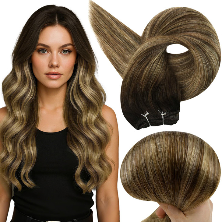 Full Shine Weft Hair Extesions Remy Straight Human Hair Sew In Extensions Remy Straight Hair Weft For Women Color Dark Brown To Honey Blonde Mix Brow