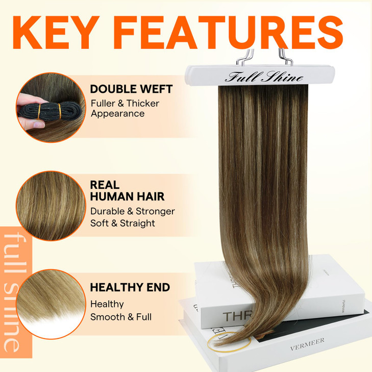 Full Shine Weft Hair Extesions Remy Straight Human Hair Sew In Extensions Remy Straight Hair Weft For Women Color Dark Brown To Honey Blonde Mix Brow