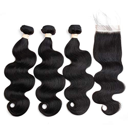Beauhair Brazilian Virgin Hair Body Wave 3 Bundles with Closure (12 12 12+10 Free Part Closure) 8A Unprocessed Brazilian Body Wave Bundles with Lace
