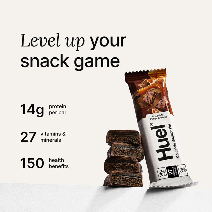 Huel Complete Nutrition Vegan Protein Bars | Fudge Brownie | 13g Protein | 27 Vitamins & Minerals, 2g Sugar, Non-GMO, 100% Plant Based Snack | 12 Pac