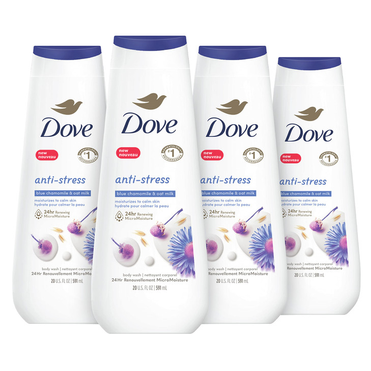 Dove Body Wash Anti-Stress Blue Chamomile & Oat Milk 4 Count for Renewed, Healthy-Looking Skin Moisturizing Gentle Skin Cleanser with 24hr Renewing M