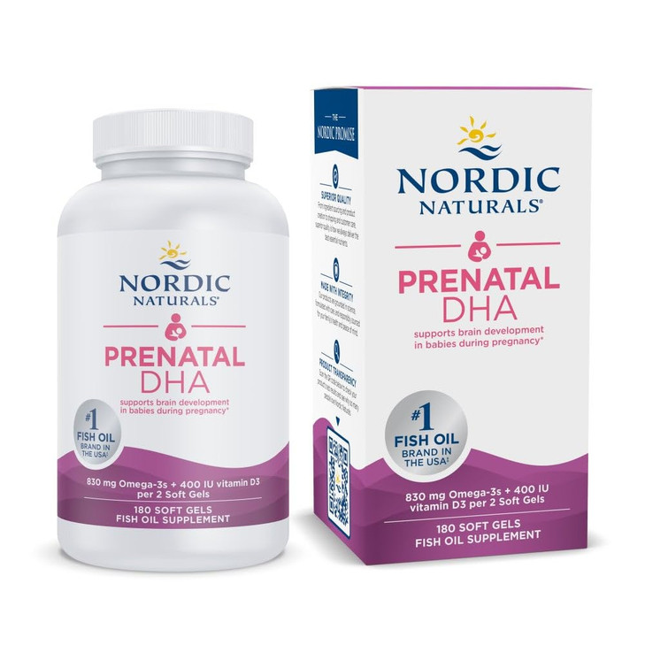 Nordic Naturals Prenatal DHA, Unflavored - 180 Soft Gels - 830 mg Omega-3 + 400 IU Vitamin D3 - Supports Brain Development in Babies During Pregnancy