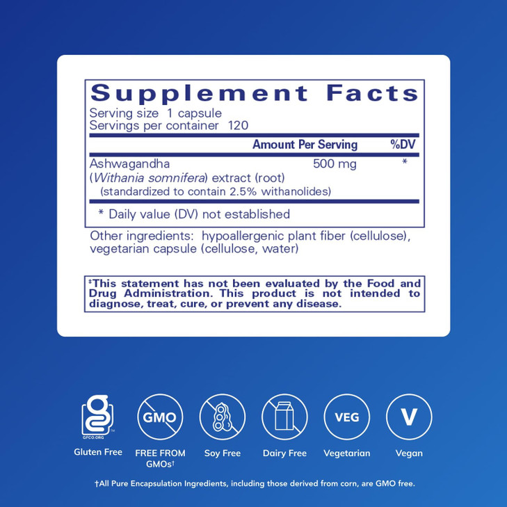 Pure Encapsulations Ashwagandha - 500 mg Ashwagandha Extract - Metabolism & Stress Support - Immune Support - GMO Free & Vegan - 120 Capsules