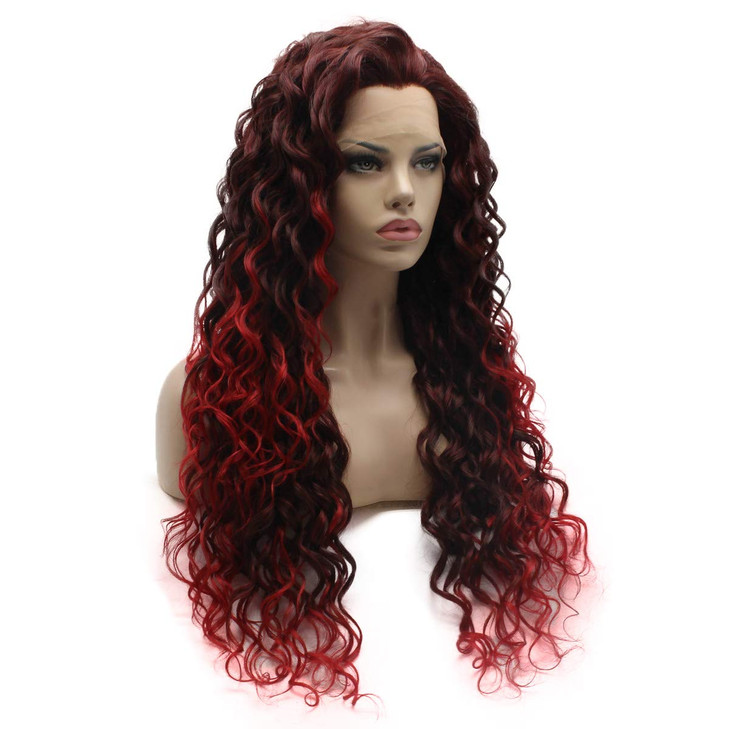 Lushy Hair Stylish Long Kinky Curly Auburn Root Red Ombre Wig Heavy Density Realistic Synthetic Lace Front Wig