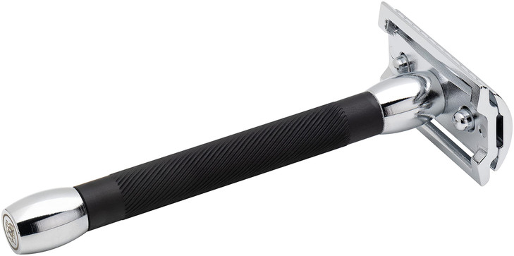 MERKUR 20C Double Edge Safety Razor, Long Handle, Black Anodized Aluminum & Bright Chrome Finish, Three-Piece Design, Closed Comb Straight Bar, Made