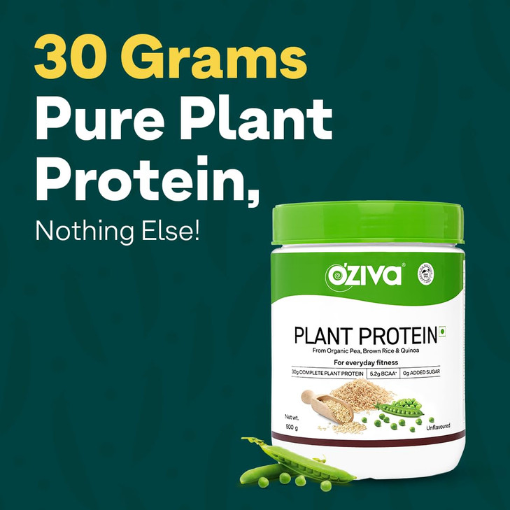 OZiva Organic Plant Protein Powder | 500 Gm | (30g Vegan Protein - Pea Protein a, Brown Rice Protein & Quinoa, Soy Free) for Everyday Fitness, Boosts