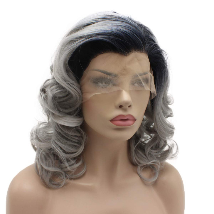 Lushy Lace Front Synthetic Wig Wavy Medium Length 16inch Dark Root Gray Ombre Wig Heavy Density Heat Resistant Realistic Wigs