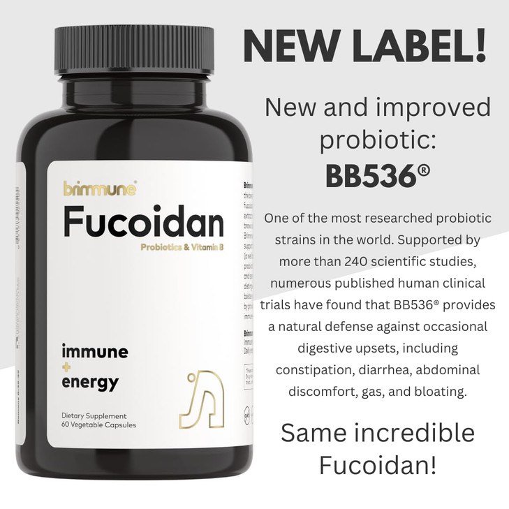 Brimmune Certified Organic Fucoidan 500 mg Pure Atlantic Patagonian, BB536® Probiotics, Fucoidan Specialists for Over 20 Years, Immune + Energy, 60 V