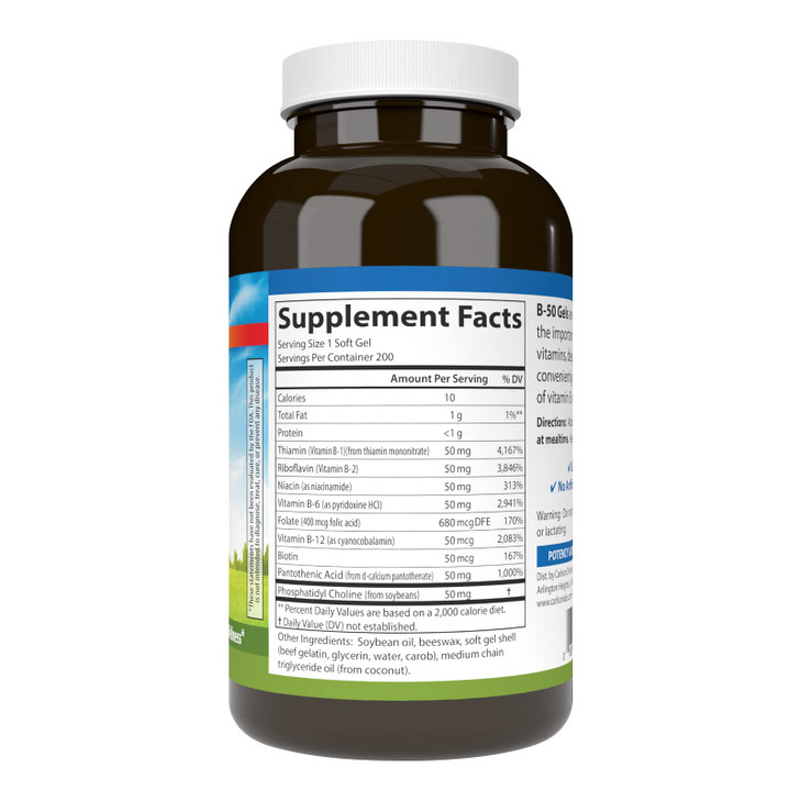Carlson - B-50 Gels, Vitamin B Complex, Energy Production, Cellular Support & Optimal Wellness, 200 Softgels