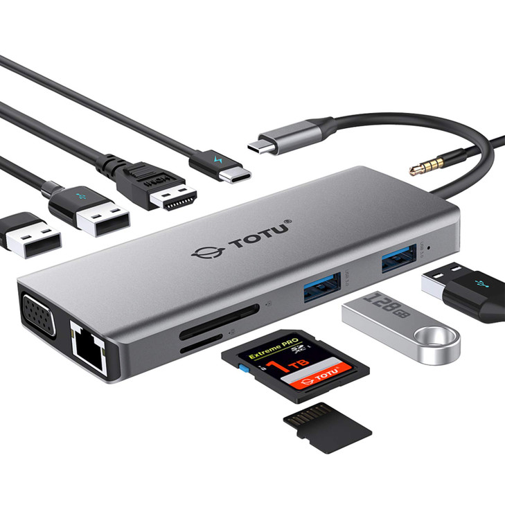 TOTU 11-in-1 USB-C Hub: 4K HDMI, VGA, 2x USB3.0, 2x USB2.0, Ethernet, SD Card Reader, Audio, 3.0 PD, Mac Pro & Laptops Compatible