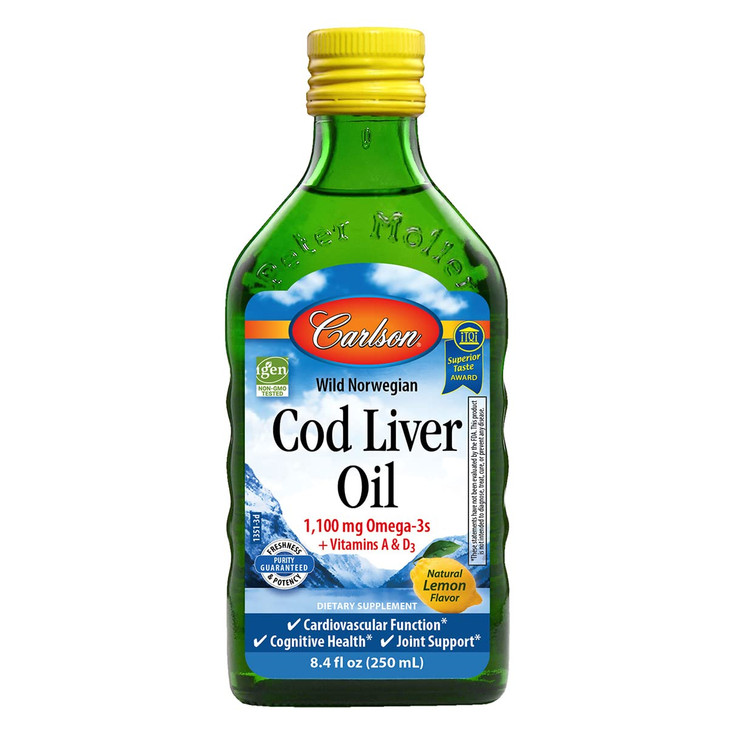 Carlson - Cod Liver Oil, 1100 mg Omega-3s, Liquid Fish Oil Supplement, Wild-Caught Norwegian Arctic, Sustainably Sourced Nordic Liquid, Lemon, 250 ml