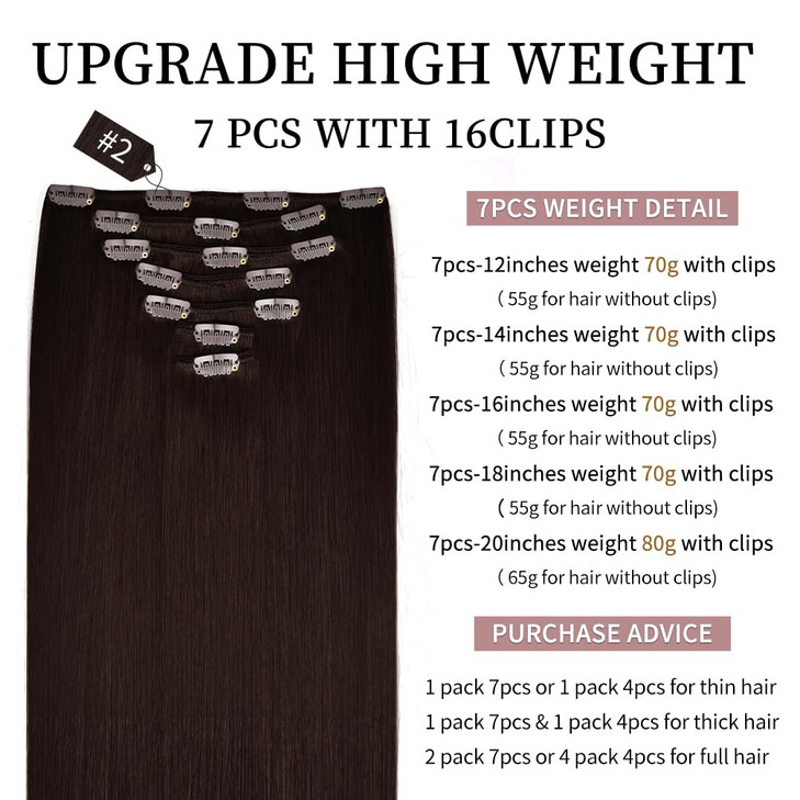 20 inches Clip in Hair Extensions Remy Human Hair - 85g 7pcs 16 Clips Straight Thick 100% Real Human Hair Extensions for Women Dark Brown #2 Color