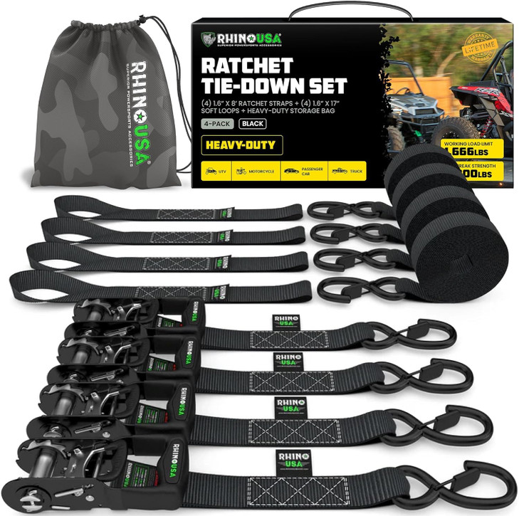 Rhino USA Ratchet Straps Heavy Duty Kit (4-Pack) - 1.6 Inch x 8 Feet Min Break Strength (5,000) - Ultimate Tie Down Straps with Safety S Hooks for Tr
