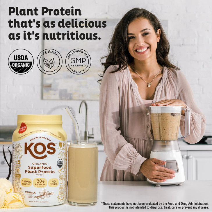 KOS Vegan Protein Powder Erythritol Free, Vanilla USDA Organic - Pea Protein Blend, Plant Based Superfood Rich in Vitamins & Minerals - Keto, Dairy F