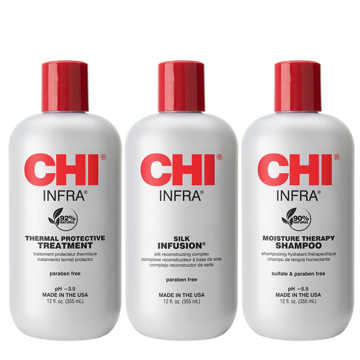 CHI Infra Trio Kit, Includes Infra Shampoo, Infra Thermal Protective Treatment, & Silk Infusion For Hair Strength & Shine, Paraben & Sulfate-free, 3