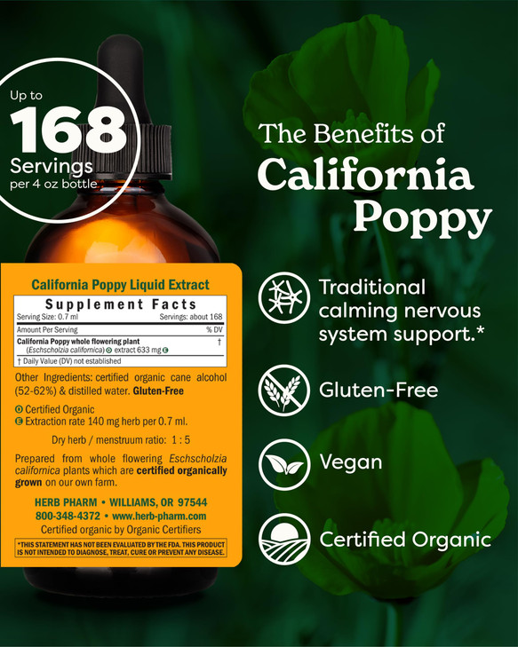 Herb Pharm Certified Organic California Poppy Liquid Extract for Calming Nervous System Support - 4 Ounce