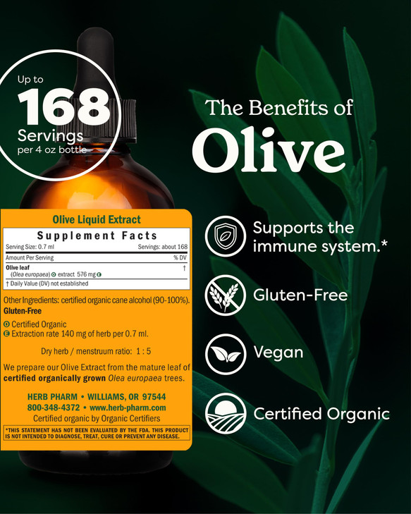 Herb Pharm Certified Organic Olive Leaf Liquid Extract for Immune System Support, 4 Fl Oz