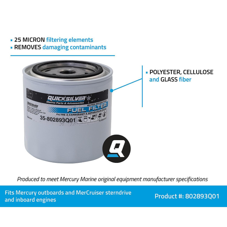 Quicksilver 802893Q01 Water Separating Fuel Filter for Mercury and Mariner Outboards and MerCruiser Sterndrive and Inboard Engines