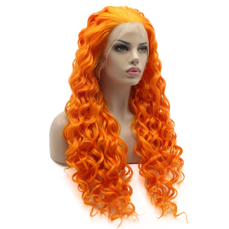Lushy Kinky Curly Long Orange Wig Heavy Density Half Hand Tied Heat Resistant Synthetic Lace Front Wig