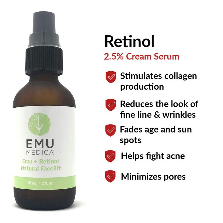Emu Medica Natural Retinol Cream 2.5% For Face - Retinol Cream For Face, Anti-Aging Cream, Wrinkles, Fine Lines, Even Skin Tone, Age Spots, Sun Spots