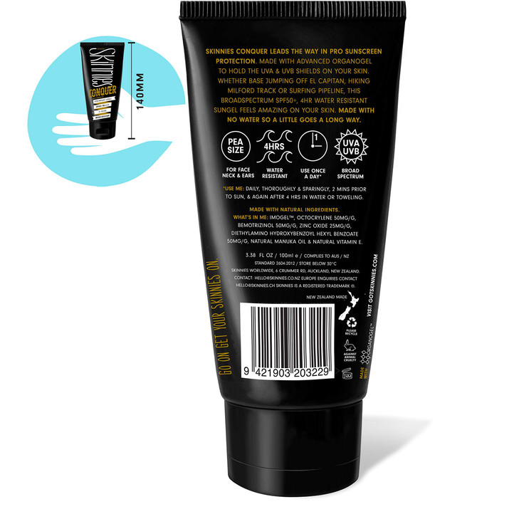 Skinnies 100ml SPF50+ CONQUER, Sungel Sun Cream, Broad Spectrum, Reef Safe, Water Resistant 4 hours