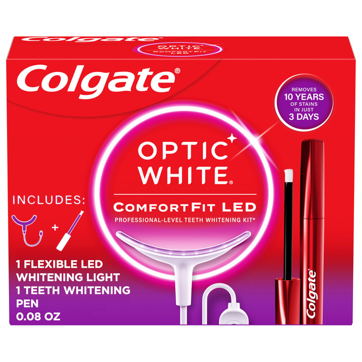 Colgate Optic White ComfortFit LED Teeth Whitening Kit, Hydrogen Peroxide Teeth Whitening Gel Kit, Helps Remove 10 Years of Stains, Enamel Safe, Incl