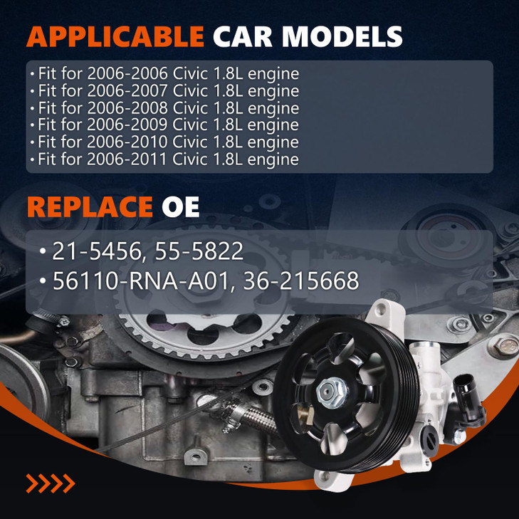 Daysyore Power Steering Pump 21-5456 with Pulley Fits for 2006 2007 2008 2009 2010 2011 Civic 1.8L, OE-Quality Power Assist Pump, Replace OE 21-5456