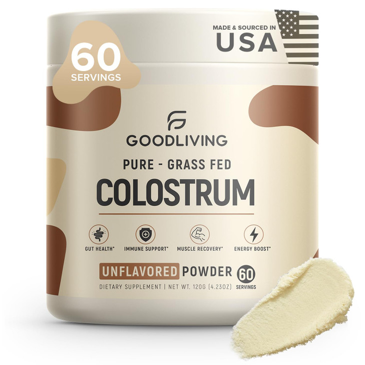 GoodLiving Grass Fed Colostrum Powder for Immune Support, Gut Health, Muscle Support & Wellness - Grass Fed Colostrum for Women & Men, Natural IgG Pu
