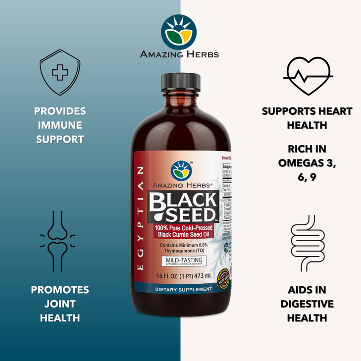 Amazing Herbs Egyptian Black Seed Oil - Gluten Free, Non GMO, Cold Pressed Nigella Sativa Aids in Digestive Health, Immune Support, Brain Function, M