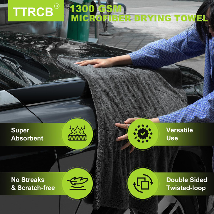 TTRCB 2 Pack 1300 GSM Car Drying Towel, Microfiber Towels for Cars - 36" x 24" & 16" x 16", Ultra-Absorbent, Streak Free, Car Wash Mitt, Car Detailin