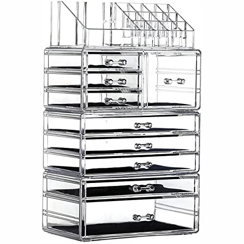 Cq acrylic 4 Pack Clear Make up Organizer Countertop,Stackable 9 Drawers Makeup Storage,Cute Vanity Organizers for dresser Hair Clip,Jewelry,Beauty P