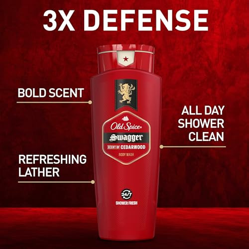 Old Spice Refreshing Body Wash for Men, 3X Defense, 24/7 Shower Fresh with Long Lasting Scent, Red Collection, Swagger with Cedarwood Scent, 16 oz (P