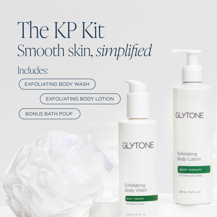 Glytone KP Kit  Exfoliating Body Wash, Glycolic Acid Lotion & Shower Pouf for Keratosis Pilaris  Smooth Rough Bumpy Skin, Fragrance-Free Skincare R