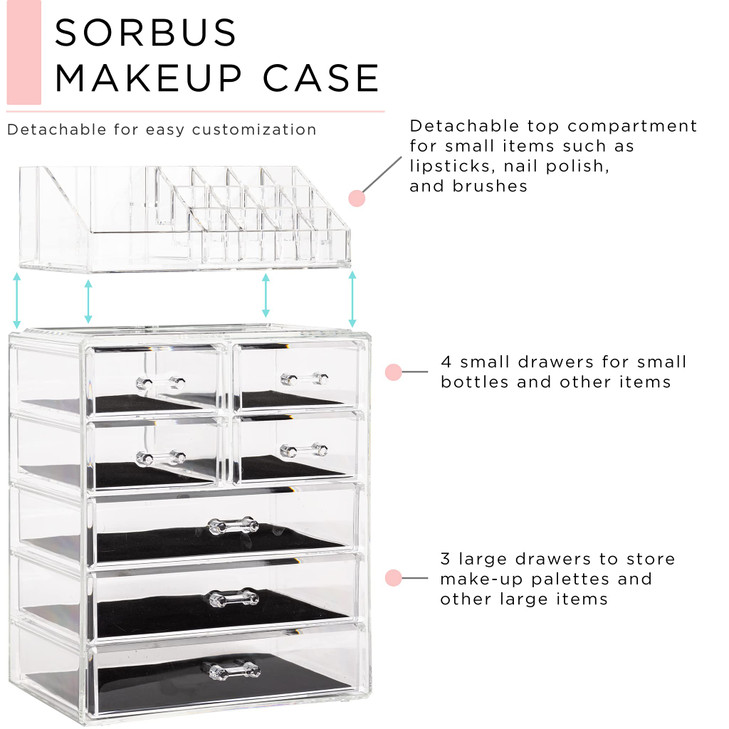Sorbus Acrylic Makeup Organizer Set, 7-Drawer Vanity & Countertop Cosmetic Storage with Small & Wide Compartments, CLear Makeup Storage for Brushes,