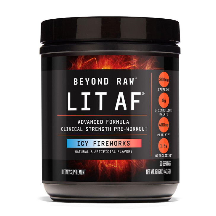 BEYOND RAW LIT Advanced Pre Workout Formula, ICY Fireworks, for Energy, Focus, Endurance, Pumps, with 300mg Rapid and Targeted Release Caffeine, Crea