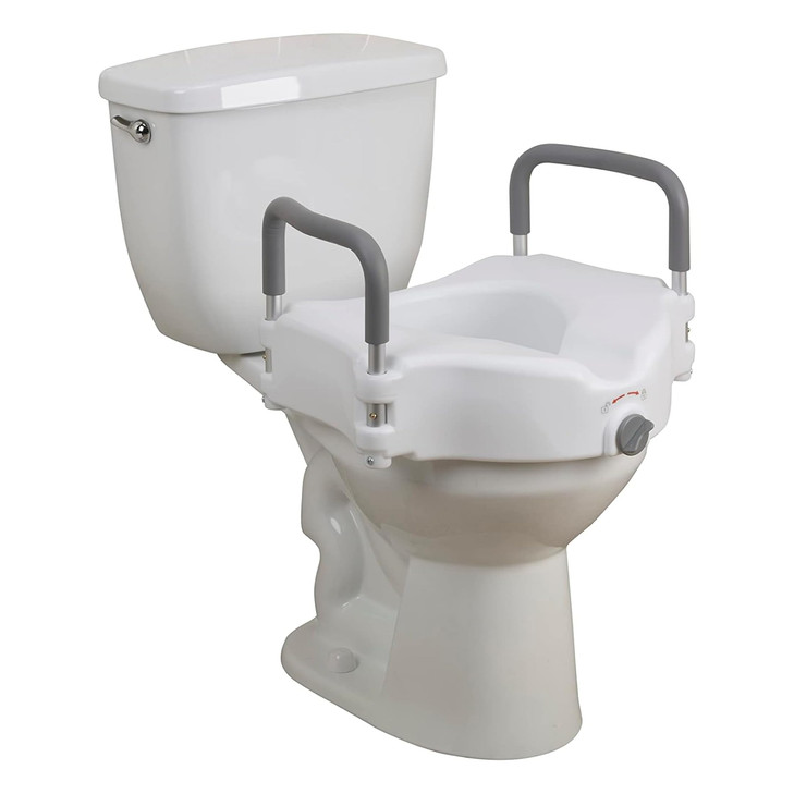 Drive Medical 2-in-1 Raised Toilet Seat with Removable Padded Arms - Elevated Bathroom Safety Support - Secure Locking Attachment - Easy Height Assis
