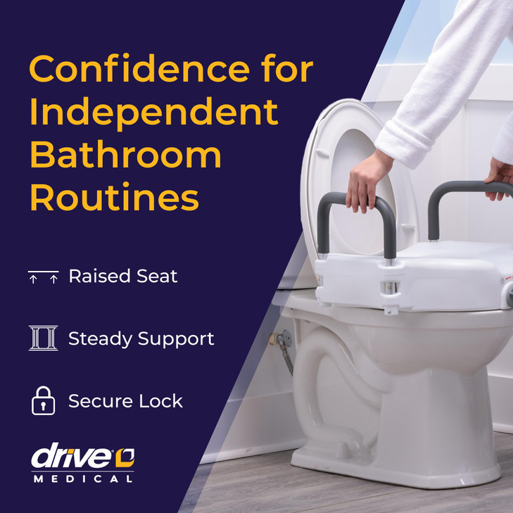 Drive Medical 2-in-1 Raised Toilet Seat with Removable Padded Arms - Elevated Bathroom Safety Support - Secure Locking Attachment - Easy Height Assis