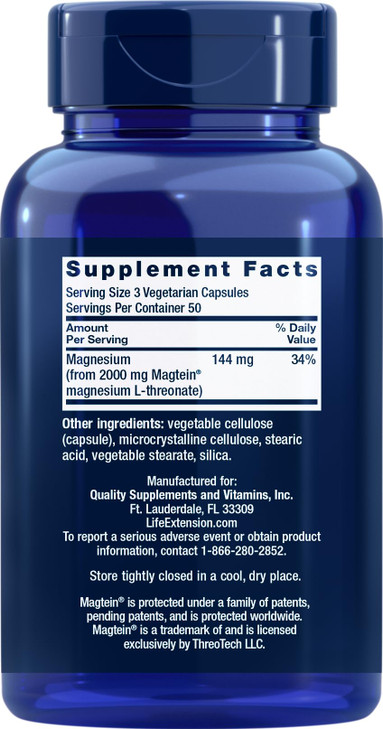 Life Extension Neuro-Mag Magnesium L-Threonate, 150 Vegetarian Capsules, Magtein Supplement for Women and Men