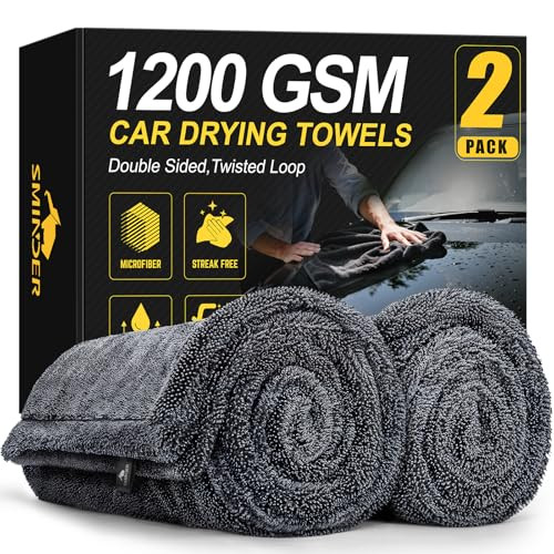 SMINDER 2-Pack 1200 GSM Car Drying Towels  Microfiber Towels for Cars (36" x 24"), Ultra-Absorbent, Streak-Free, Scratch-Free, No Water Spots, Doubl