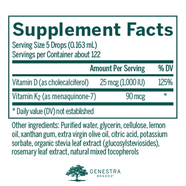 Genestra Brands D3 K2 Mulsion - Liquid Vitamins for Bone Health - Natural Lemon - 122 Servings
