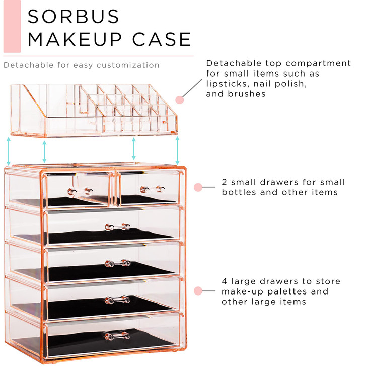Sorbus Acrylic Makeup Organizer Set, 6-Drawer Vanity & Countertop Cosmetic Storage with Small & Wide Compartments, Pink Makeup Storage for Brushes, J