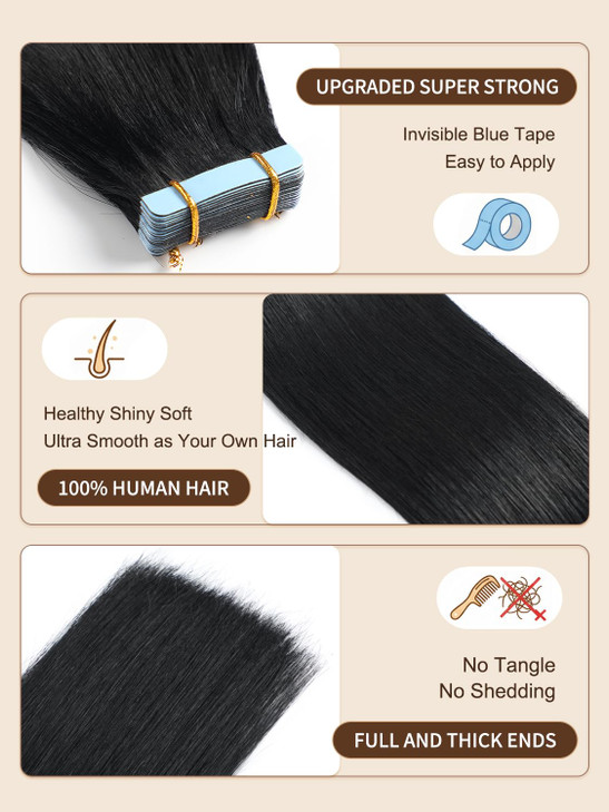 YILITE Tape in Hair Extensions Human Hair Jet Black #1 20 inches 20pcs 50g/pack Straight Seamless Skin Weft Invisible Tape in Human Hair Extensions (