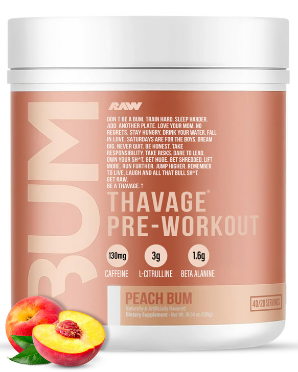 RAW Preworkout Powder, Thavage (Peach Bum) - Chris Bumstead Sports Nutrition Supplement for Men & Women - Cbum Pre Workout for Working Out, Hydration