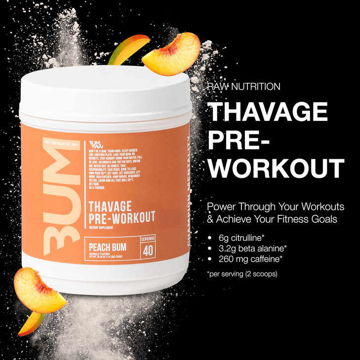 RAW Preworkout Powder, Thavage (Peach Bum) - Chris Bumstead Sports Nutrition Supplement for Men & Women - Cbum Pre Workout for Working Out, Hydration