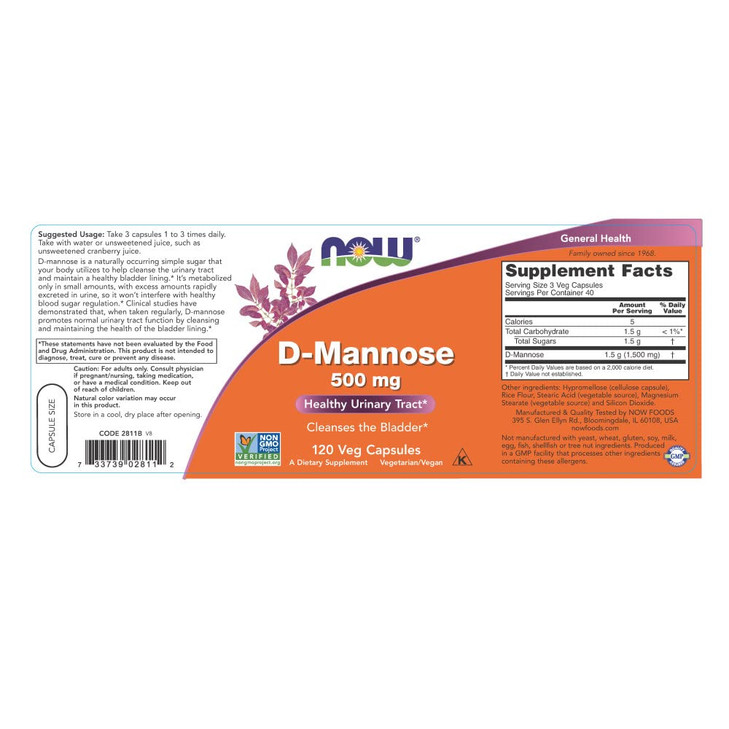 NOW Foods Supplements, D-Mannose 500 mg, Non-GMO Project Verified, Healthy Urinary Tract*, 120 Veg Capsules (Pack of 3)